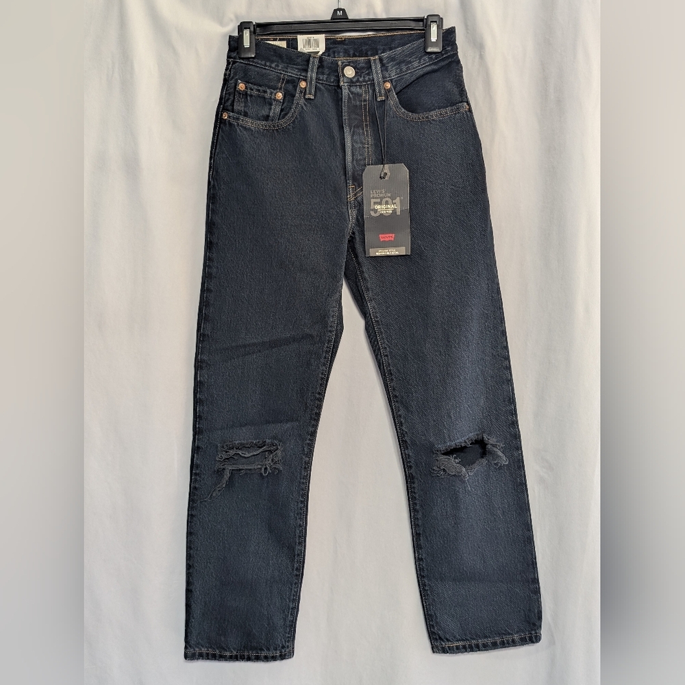 Levi's Premium 501 Cropped Dark Wash High Rise Straight Leg Distressed Jeans 24